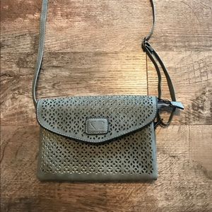 Gray eyelet faux leather crossbody purse